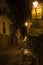 Streets of the village of La Alberca illuminated at night, Salamanca, Spain