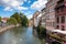 Streets and water canal Petite France in Strasbourg. Alsace