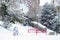 Streetview city in snow with snowmen