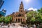 Streetview and front view of Sydney town hall a Victorian Second Empire architecture building in NSW Australia