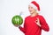 Strengthen immunity concept. Girl wear santa hat drink watermelon vitamin cocktail straw. Woman enjoy vitamin drink