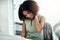 Stress, anxiety or black woman in office with neck pain from job pressure or burnout fatigue in company. Bad posture