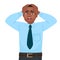 Stress and anxiety at work. An African American male office worker is alarmed. Headache. Problems in business