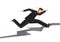 Stress businessman jumping over a crack earth. Concept of overcoming challenge, obstacles or problems