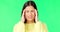 Stress, frustrated and a woman with a headache on a green screen isolated on a studio background. Burnout, anxiety and a