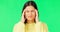 Stress, frustrated and a woman with a headache on a green screen isolated on a studio background. Burnout, anxiety and a