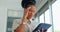 Stress, headache and black woman on business tablet in office on 404 technology glitch. Worried worker, burnout and