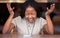 Stress, phone and screaming with black woman in cafe for glitch, social media news and online scam. Burnout, angry and