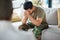 Stress, trauma and male soldier in therapy for mental health, depression or grief after a military war. Frustrated, ptsd