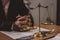 Stress worry probleme. Businessman of lawyer sitting office working contract papers on wood table.Selective Focus