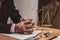 Stress worry probleme. Businessman of lawyer sitting office working contract papers on wood table.Selective Focus