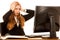 Stressed anxious business woman stare in monitor in her office