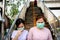 Stressed asian child girl wearing hygienic mask while walking outdoor,allergy to dust,pollution,dirty air,PM 2.5,health care,virus