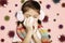 Stressed child wearing Protection Mask against flu virus  background