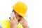 Stressed constructor or architect talking on the phone