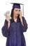 Stressed Female Graduate Holding Stacks of Hundred Dollar Bills