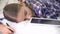 Stressed Kid Sleeping while Studying on Tablet, Child Asleep Writing Homework, C