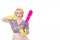 Stressed retro housewife, with feather duster, on white