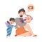 Stressed tired father with little kids. Parental burnout concept cartoon vector illustration