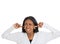 Stressed woman covering her ears looking up stop making loud noise