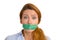 Stressed woman with green measuring tape covering mouth