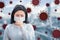 Stressed woman wearing Protection Mask against flu virus  background