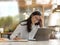 Stressed young businesswoman concentrate on her project  in office room