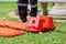 Stretcher two for emergency paramedic service medical equipment on lawn background