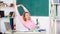 Stretching after hard working day. Teacher adorable woman try to relax in classroom. Just relax. Find way to relax at