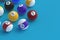 Strewn billiard balls. Game for leisure. Sports equipment. Copy space