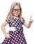 Strict beautiful little girl in glasses showing finger isolated