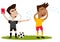 Strict looking cartoon football referee blowing whistle, holding red card, sending off crying player