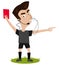 Strict looking cartoon football referee with headset blowing whistle, holding red card, sending-off gesture