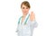 Strict medical female doctor showing stop gesture