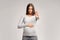 Strict Pregnant Lady Gesturing Stop Forbidding Something On Gray Background