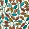 Strict seamless geometric pattern with leaves and branches. Floral background. Multi-colored fill inside each leaf. Bold outline