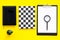 Strict work desk of accutate person and productive worker. Geometrical pattern. Yellow background top view