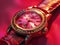 A striking close up of a classic watch, resting elegantly on a vivid red surface, capturing the essence of time and