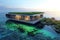 A striking, contemporary house with a green roof, floating on a crystal-clear ocean. The first light of day highlights the Easter