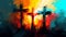 Striking depiction of three crosses, symbolizing Easter Sunday, with bold brush strokes and fiery palette.