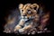 A striking generative ai illustration of a baby lion on a dark background, with bold brushstrokes and contrasting colors creating