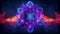 A striking image of a flower of life radiating vibrant energy in various shades of blue and purple against a pitchblack