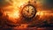 A striking image of a massive clock placed atop a mound of destroyed debris in a decaying cityscape, Time getting destroyed, AI