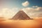 A striking image of a pyramid standing tall amidst the vastness of a serene desert, contrasting with the blue expanse of the sky,