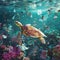 a striking image of a solitary sea turtle navigating through a vibrant coral reef, and plastic pollution highlighting the stark