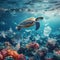 a striking image of a solitary sea turtle navigating through a vibrant coral reef, and plastic pollution highlighting the stark