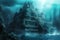 A striking image of an underwater castle situated in the center of a body of water, A mysterious ancient sunken city, hidden deep