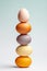 Striking minimalist vertical stack of colored eggs balances perfectly against a cool backdrop