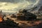 A striking painting capturing a military tank standing prominently in the heart of a barren desert., Modern artillery and anti-