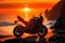 A striking silhouette of a super motorbike against a backdrop of a fiery generated by Ai